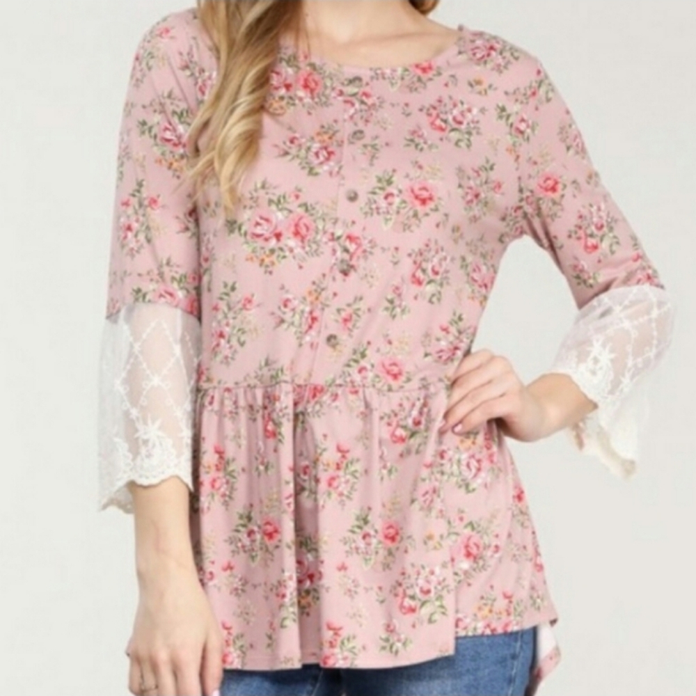 Ninexis Floral Rosette Lace Sleeve Blouse Top